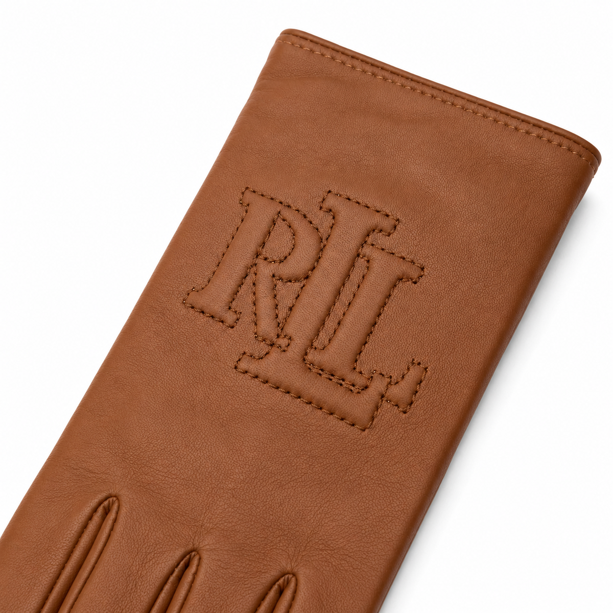 A close-up of a brown leather glove showing the back of the hand with an embossed RL monogram logo, on a clean white background.