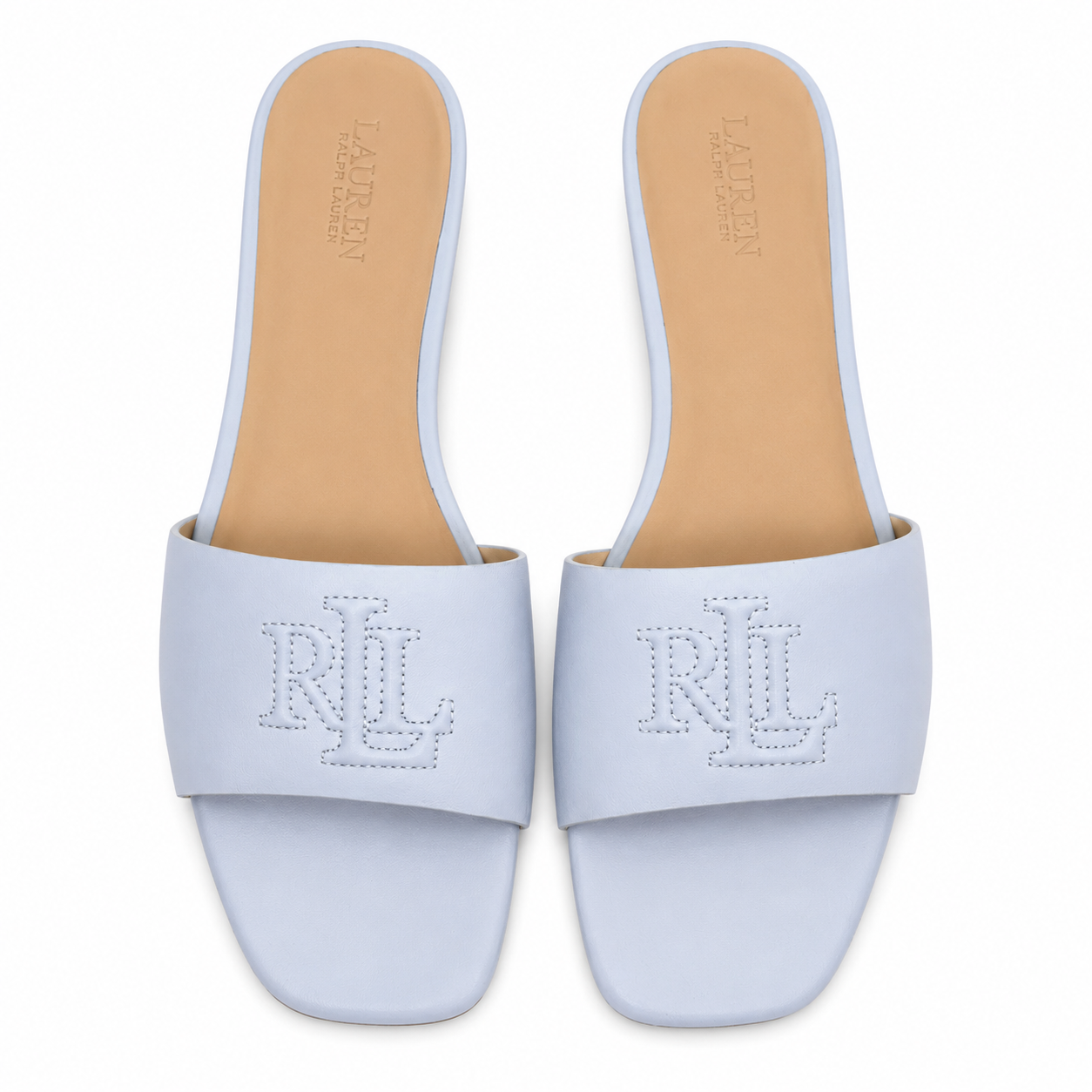 A pair of light blue slide sandals with a matching strap featuring an embroidered 'RL' logo, shown from a top-down view on a white background.