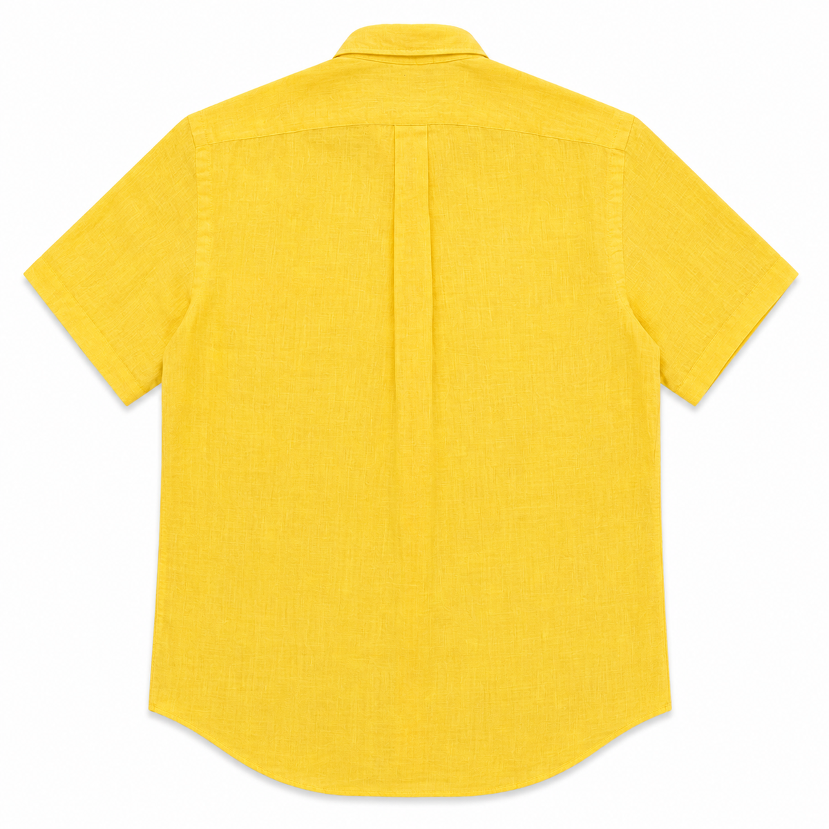 A bright yellow short-sleeve linen shirt shown from the back, featuring a central pleat and a curved hem, laid flat against a white background.