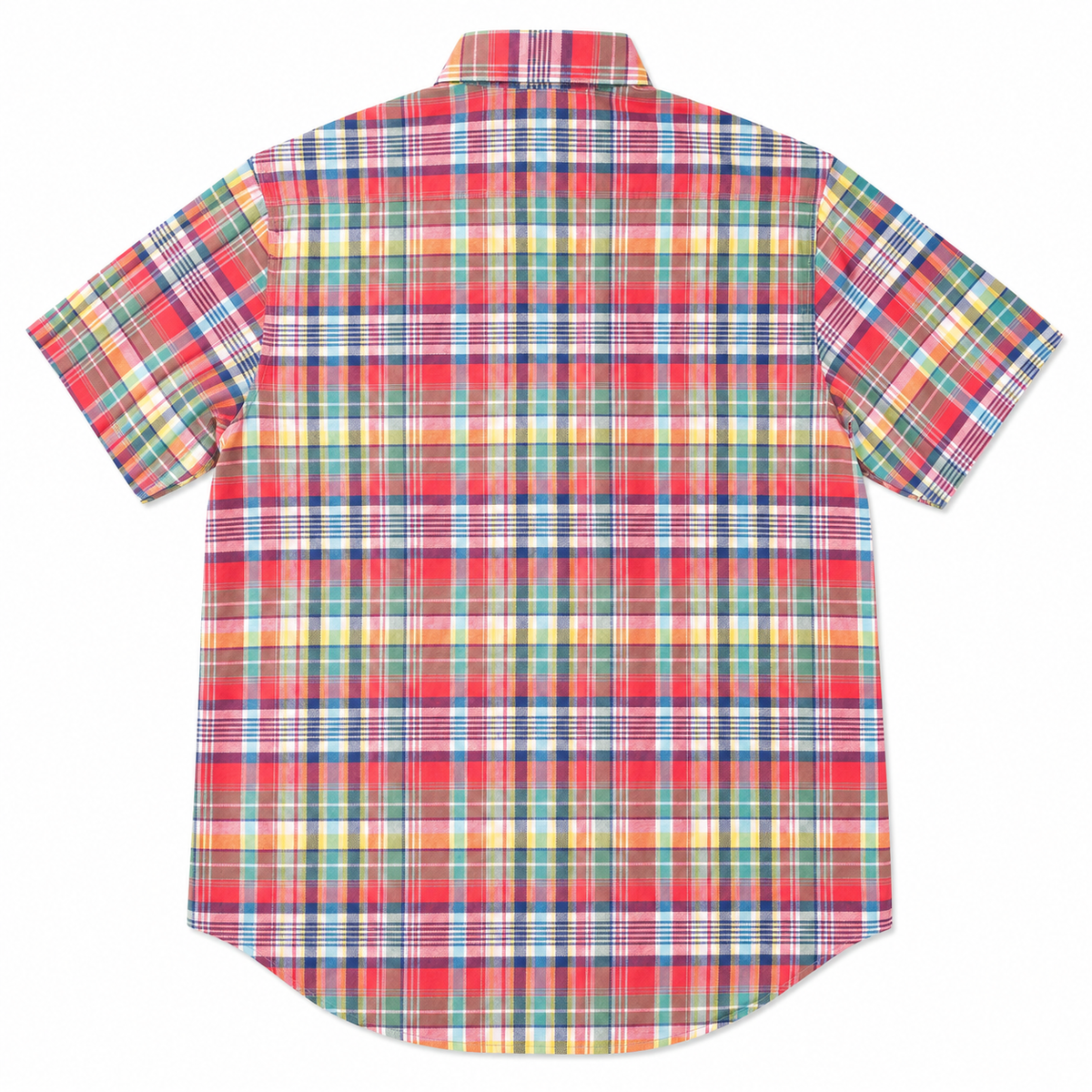 A short-sleeve plaid button-up shirt shown from the back, featuring a vibrant multicolor tartan pattern with red, blue, green, yellow, and white intersecting stripes.