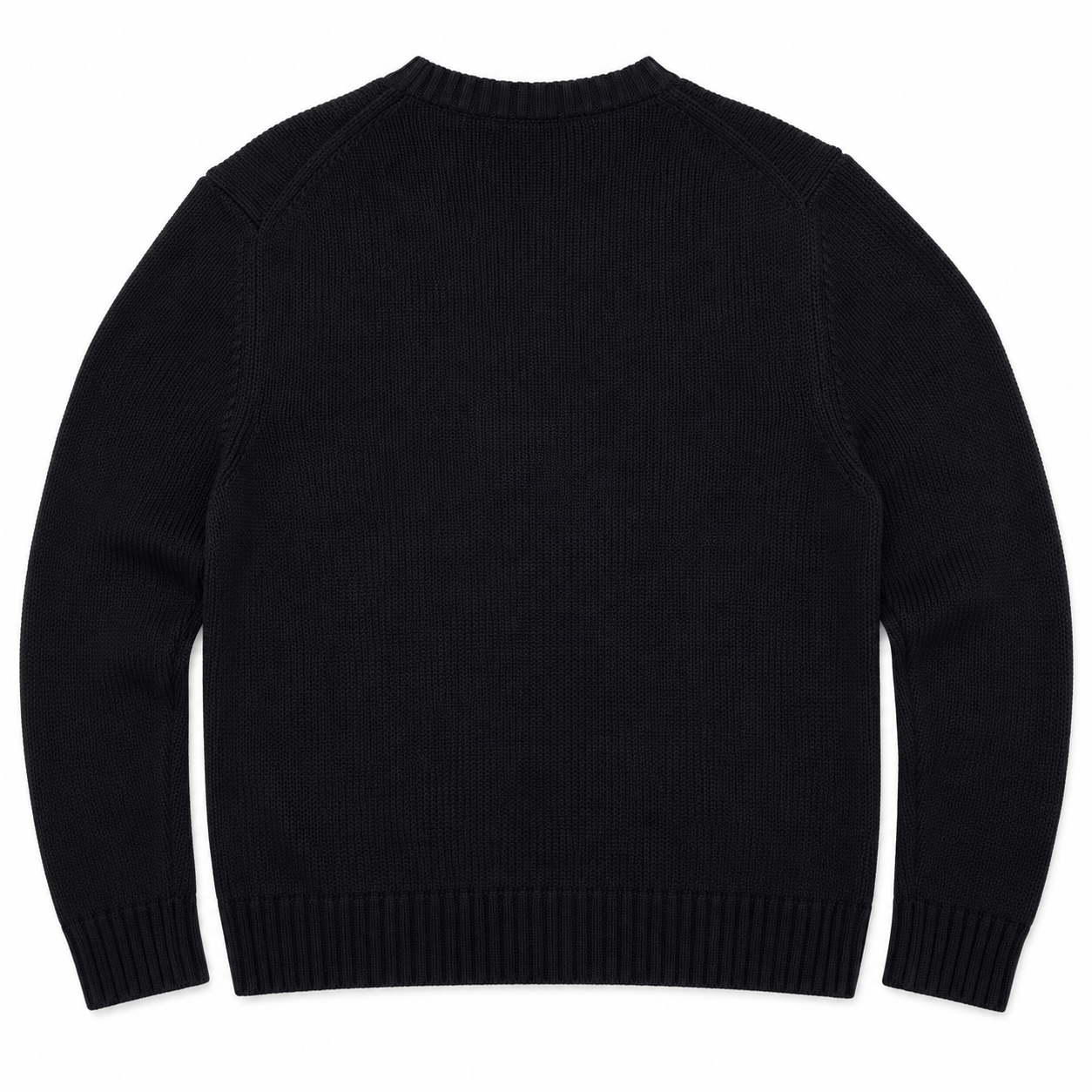 A black ribbed knit sweater shown from the back, featuring a crew neck, long sleeves, and ribbed cuffs and hem, photographed on a solid white background.
