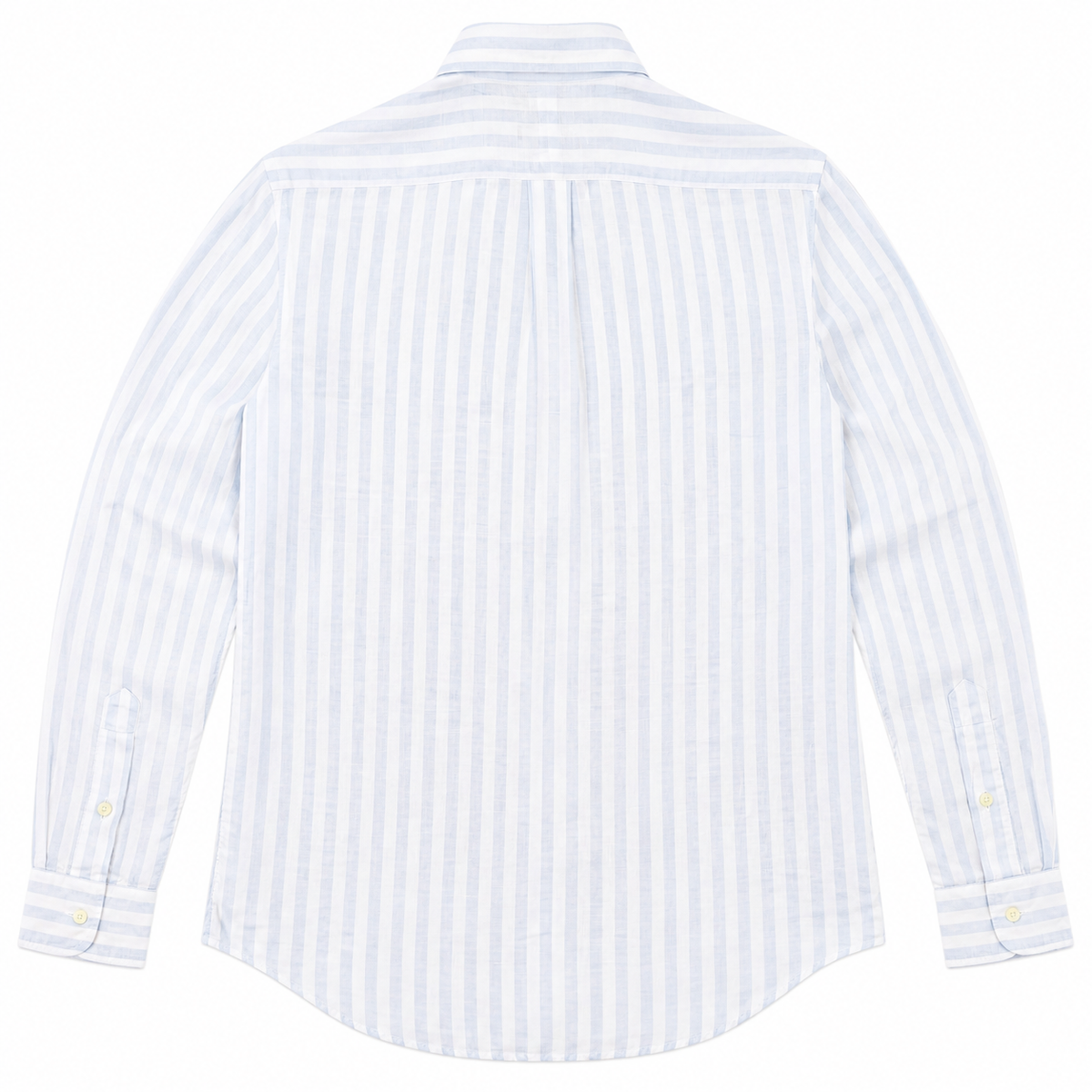 A long-sleeve button-up shirt shown from the back, featuring a vertical stripe pattern in light blue and white.