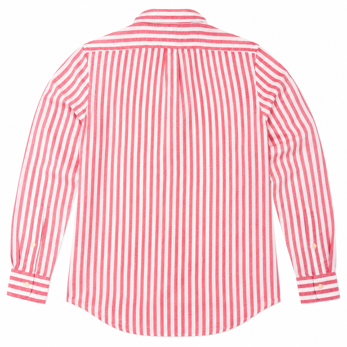 A long-sleeve button-up shirt with vertical red and white stripes, shown from the back on a white background.