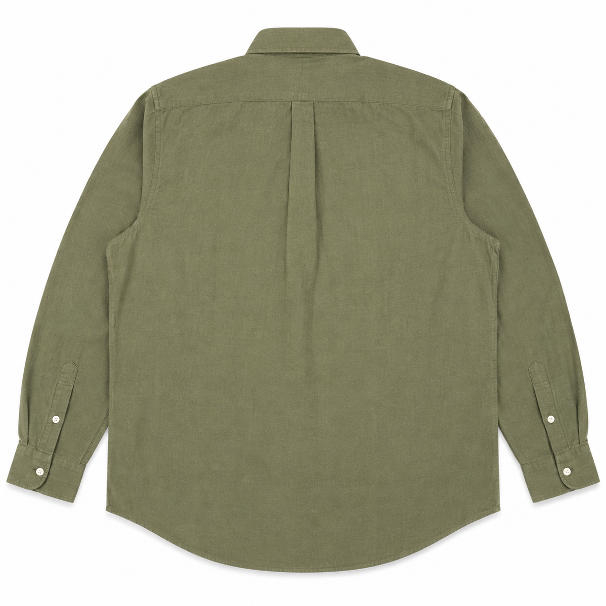 An olive green long-sleeve button-down shirt shown from the back, featuring a central pleat and buttoned cuffs, laid flat on a white background.