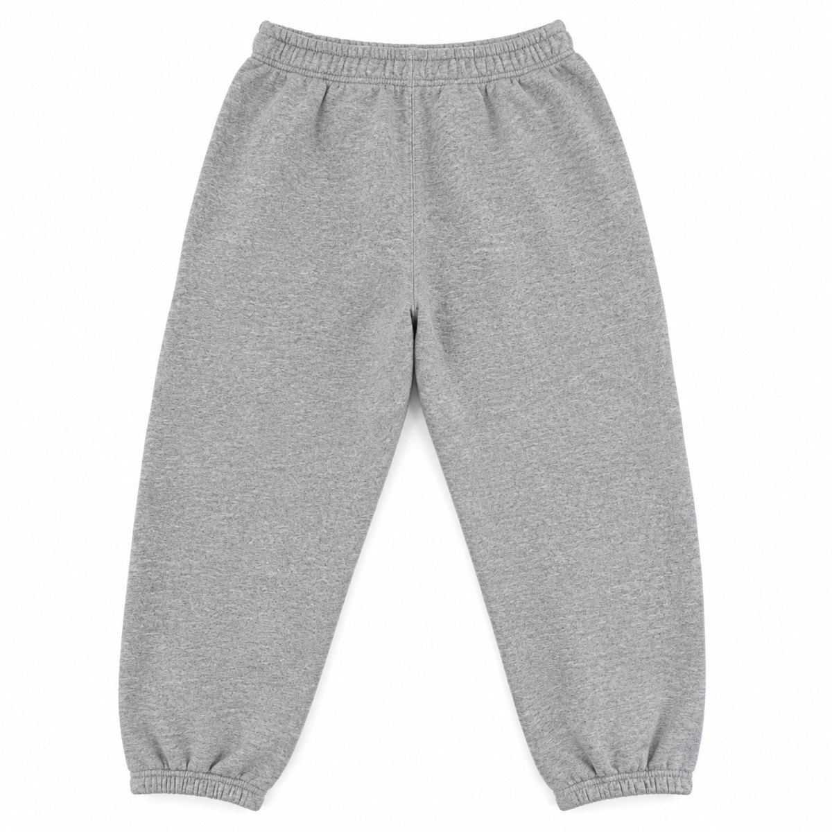 A pair of kids' heather gray sweatpants with an elastic waistband and ribbed ankle cuffs, shown flat on a white background.
