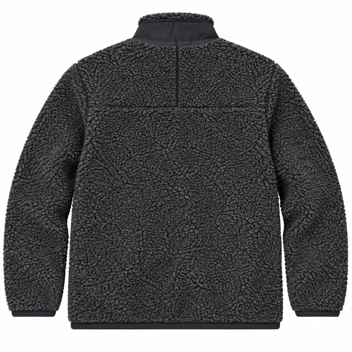 A dark gray textured fleece quarter-zip jacket shown from the back, featuring a high collar and a central zipper, on a plain white background.