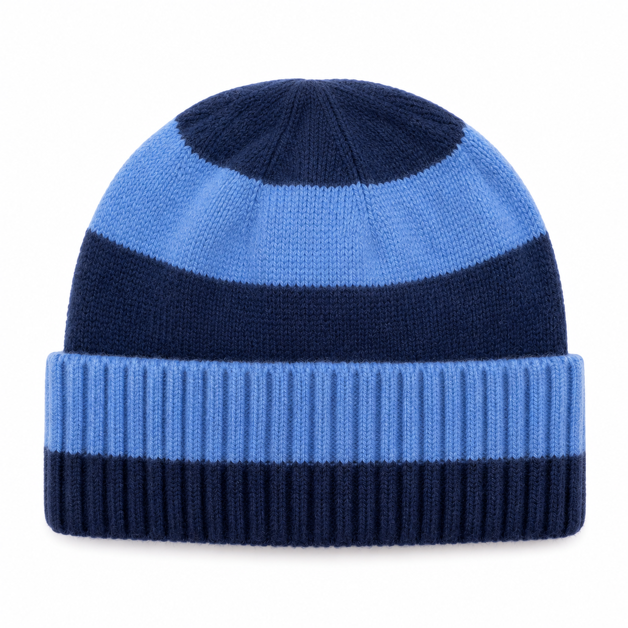 A striped knit beanie hat in navy blue and light blue, featuring a ribbed cuff, shown against a plain white background.