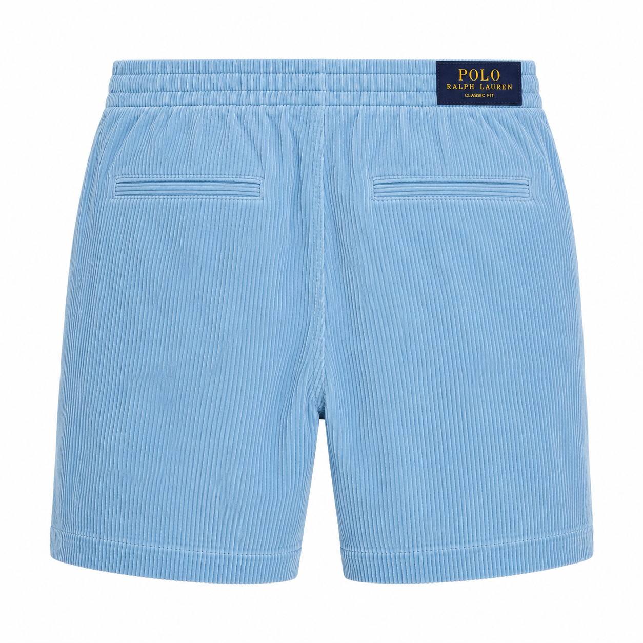 Light blue corduroy shorts with an elastic waistband, two rear welt pockets, and a navy Polo Ralph Lauren label at the back waist, shown on a plain white background.