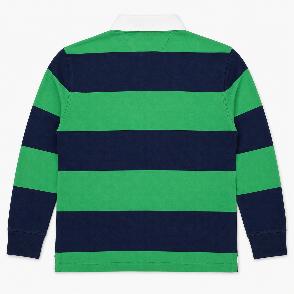 A long-sleeve rugby shirt with horizontal stripes in green and navy blue, featuring a white collar, shown from the back against a plain white background.
