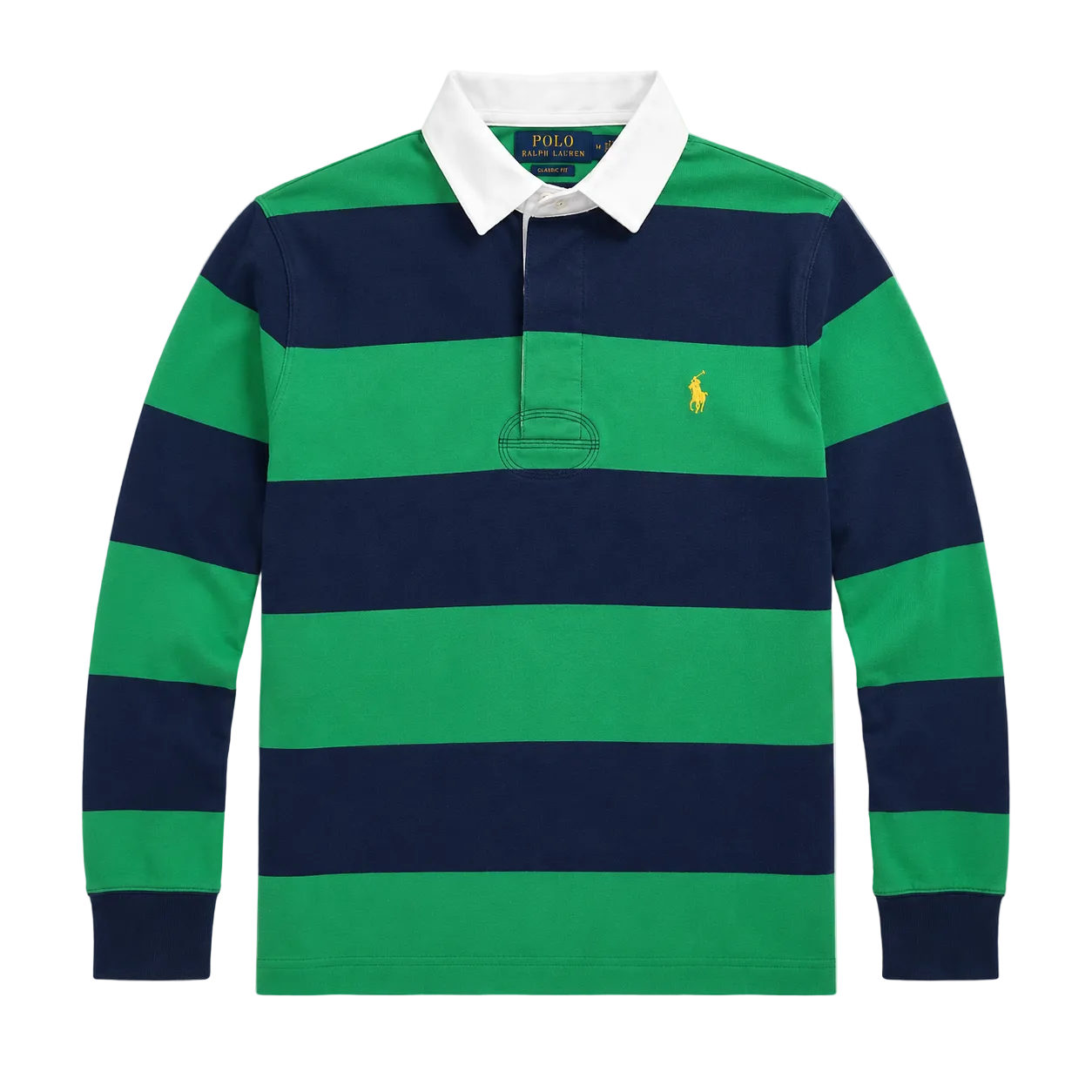 A long-sleeve polo shirt by Polo Ralph Lauren featuring horizontal stripes of green and navy blue, with a white collar and the signature embroidered polo player on the chest.