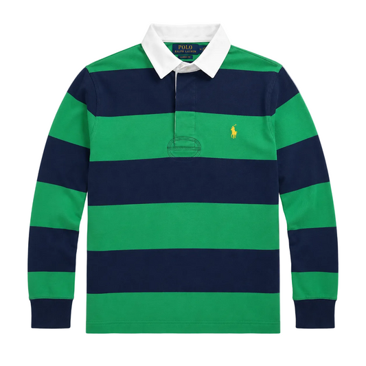 A long-sleeve polo shirt by Polo Ralph Lauren featuring horizontal stripes of green and navy blue, with a white collar and the signature embroidered polo player on the chest.