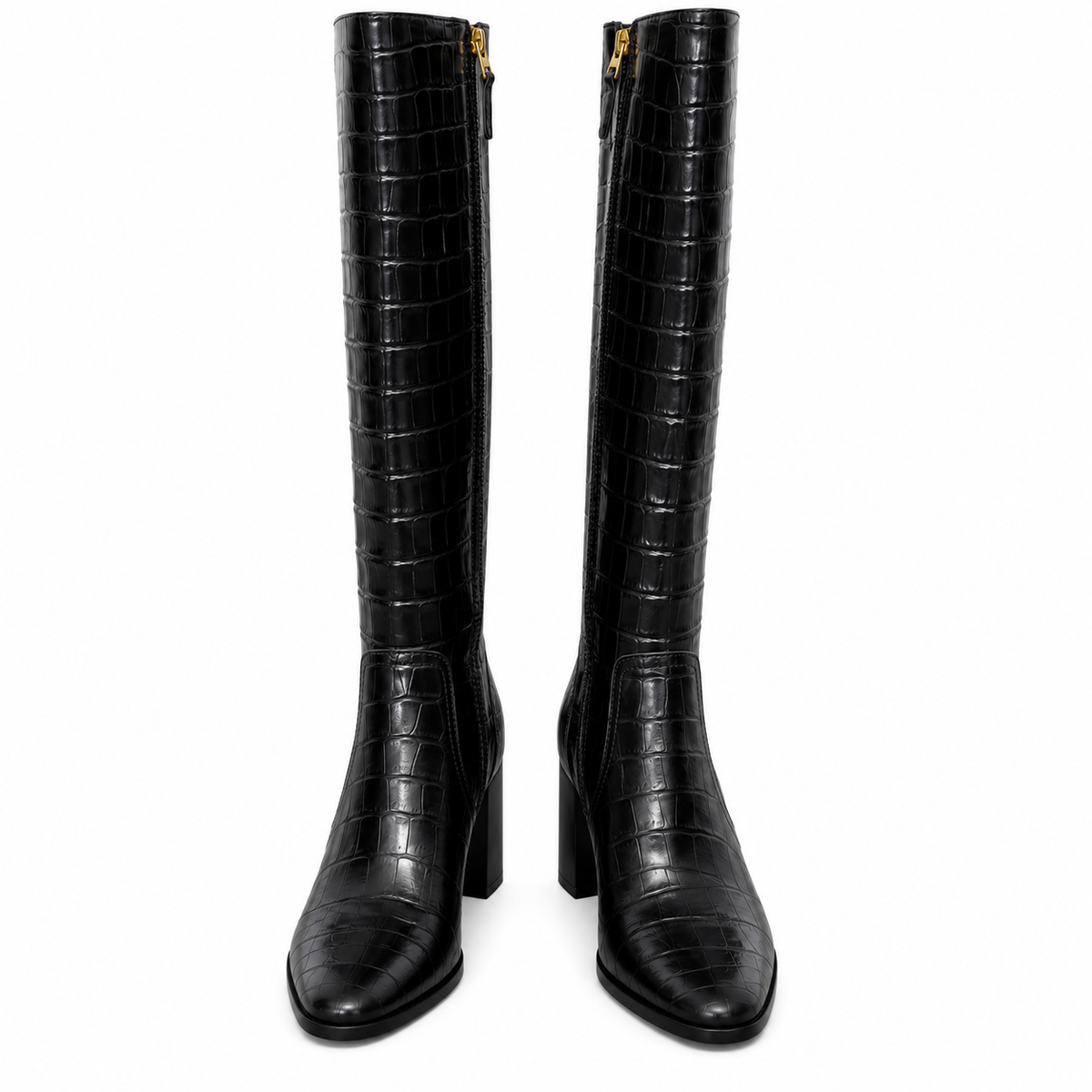 A pair of black knee-high boots with an embossed crocodile pattern, featuring a pointed toe and a gold zipper on the side, shown against a plain white background.