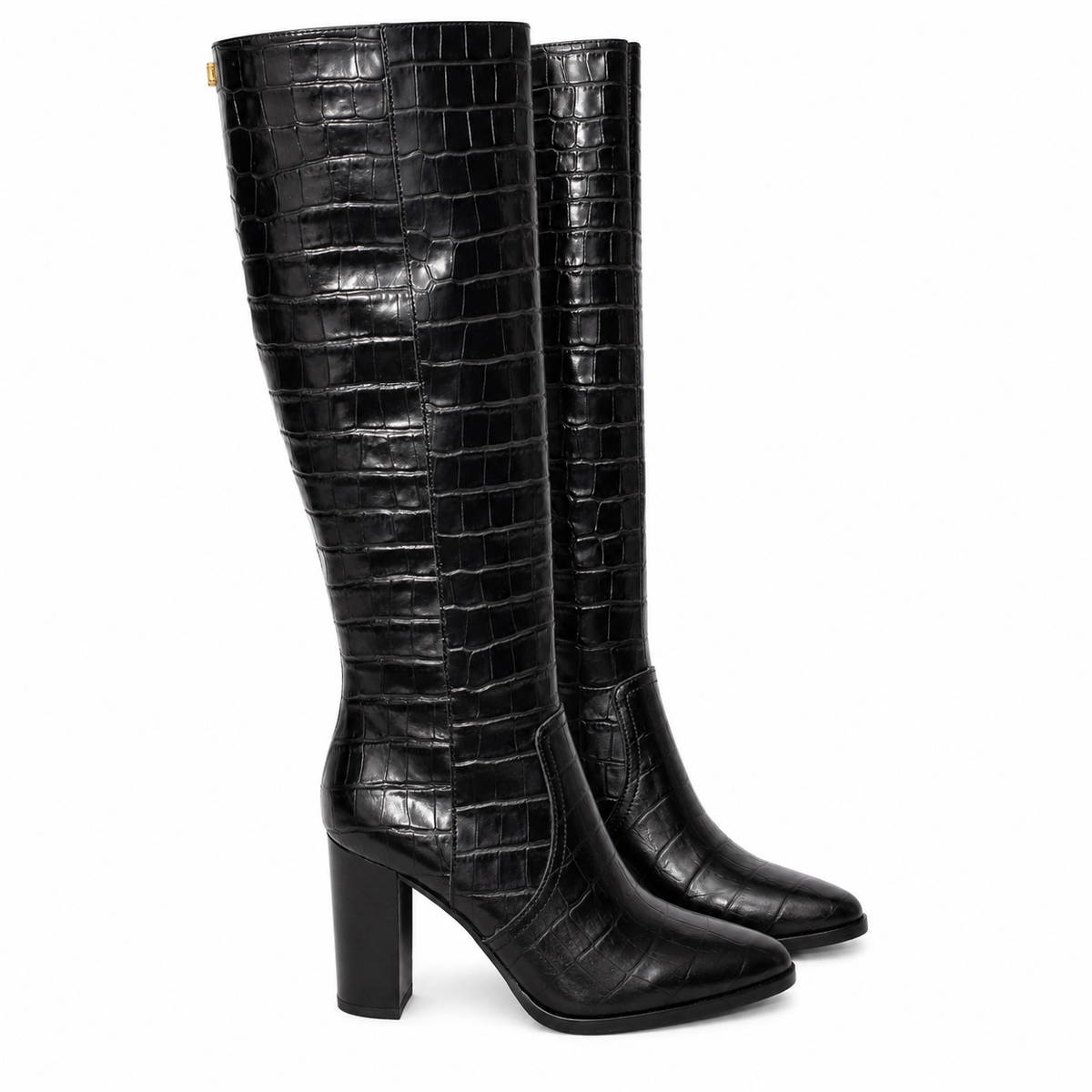 A pair of black knee-high boots with a glossy crocodile-embossed texture, featuring a block heel and pointed toe, shown against a plain white background.