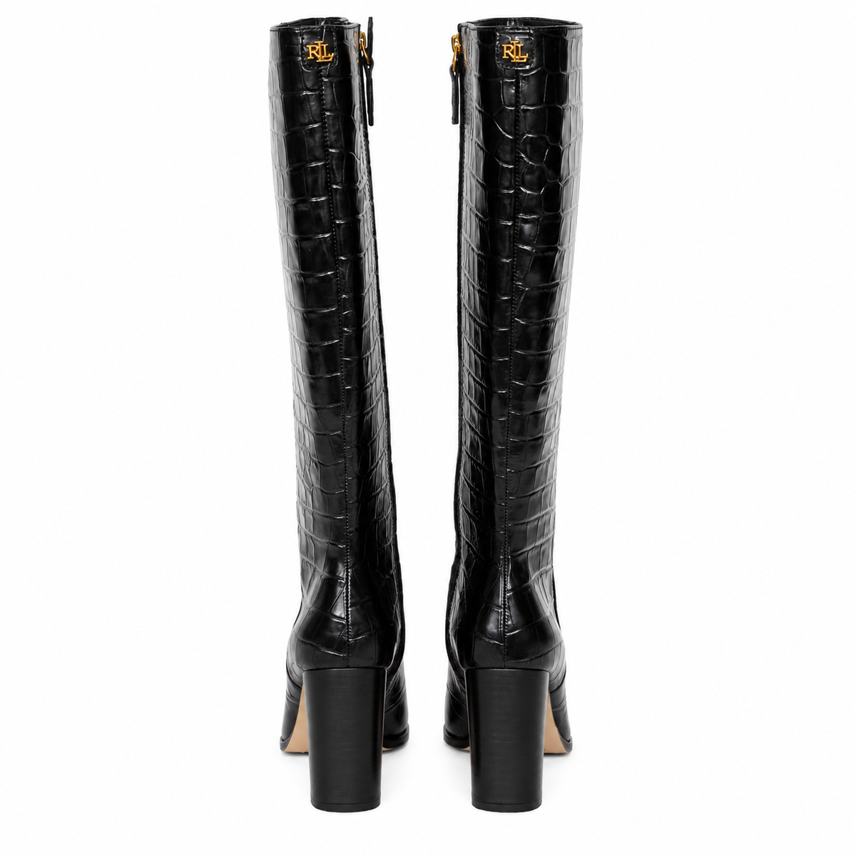 A pair of black knee-high boots with an embossed crocodile pattern, shown from the back on a solid white background. Each boot features a chunky block heel and a small gold-toned RL logo on the back collar.