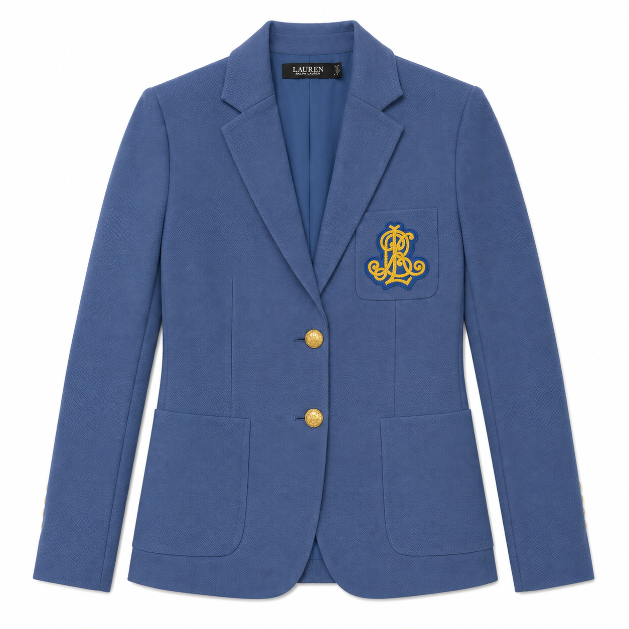 A blue blazer jacket with gold buttons, featuring a yellow embroidered lion crest on the left chest pocket and a visible Lauren brand label inside the collar, set against a plain white background.