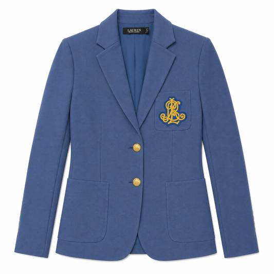 A blue blazer jacket with gold buttons, featuring a yellow embroidered lion crest on the left chest pocket and a visible Lauren brand label inside the collar, set against a plain white background.