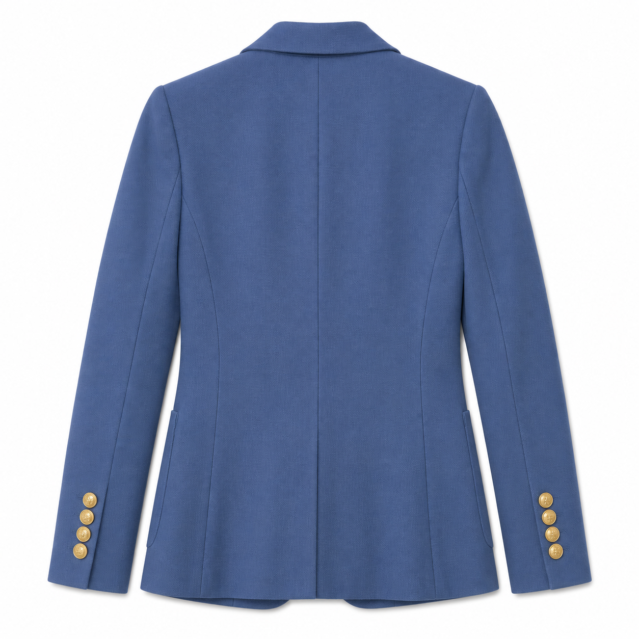 A blue tailored blazer shown from the back, featuring a structured collar, long sleeves, and four gold buttons on each cuff, set against a plain white background.