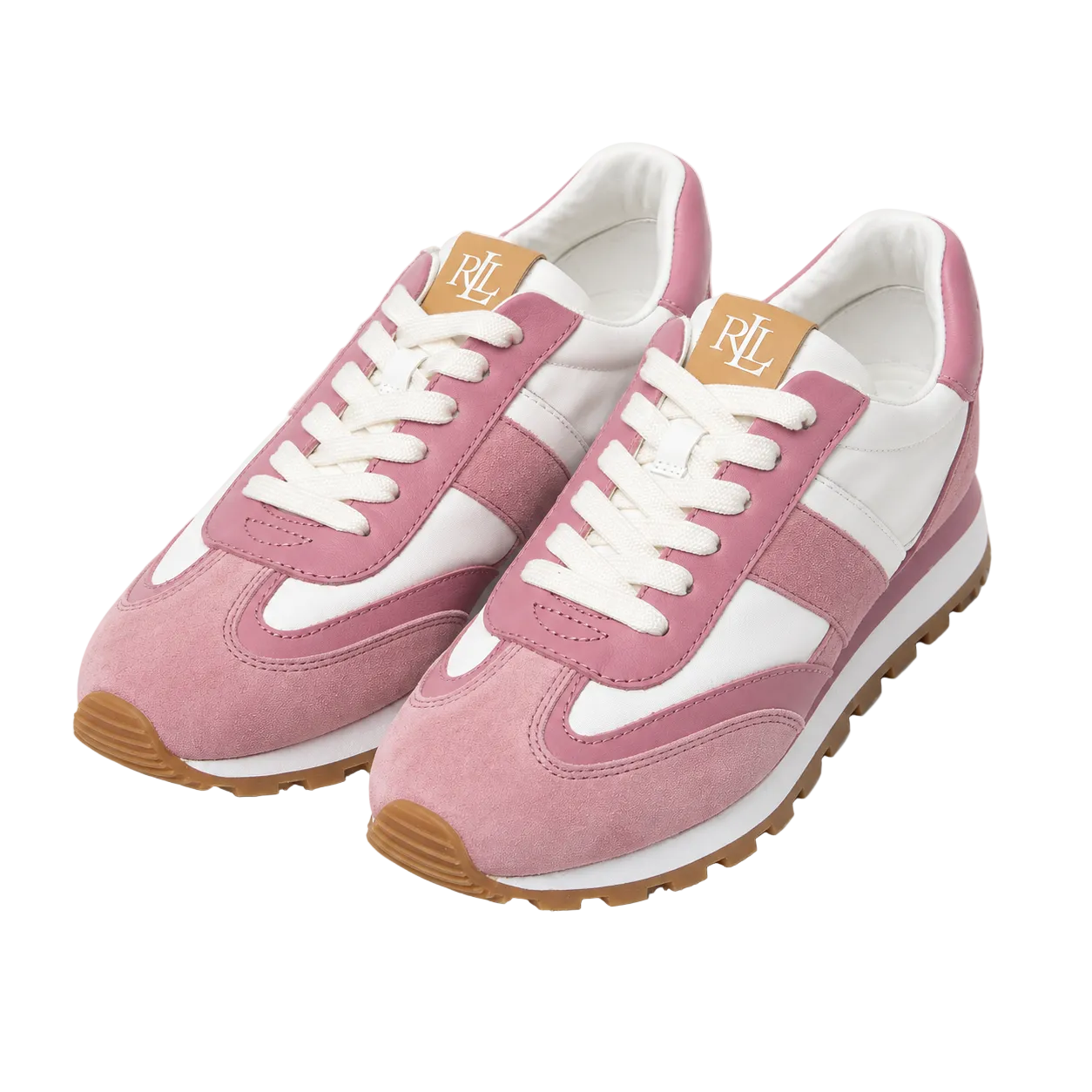 A pair of pink and white low-top sneakers with white laces, a tan leather 'RL' tongue patch, and brown gum soles, shown on a light gray background.