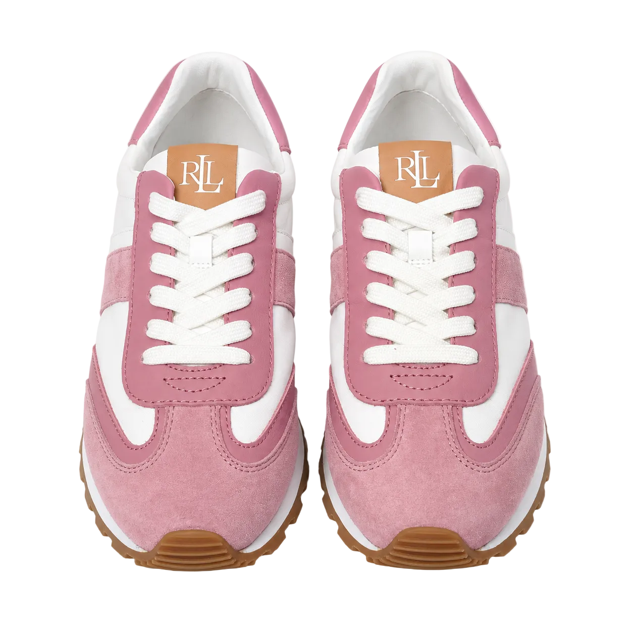 A pair of pink and white low-top sneakers shown from a top-down view on a white background. The shoes feature pink suede and synthetic panels, white overlays, white laces, a tan leather insole with the 'RL' monogram logo, and brown gum soles.