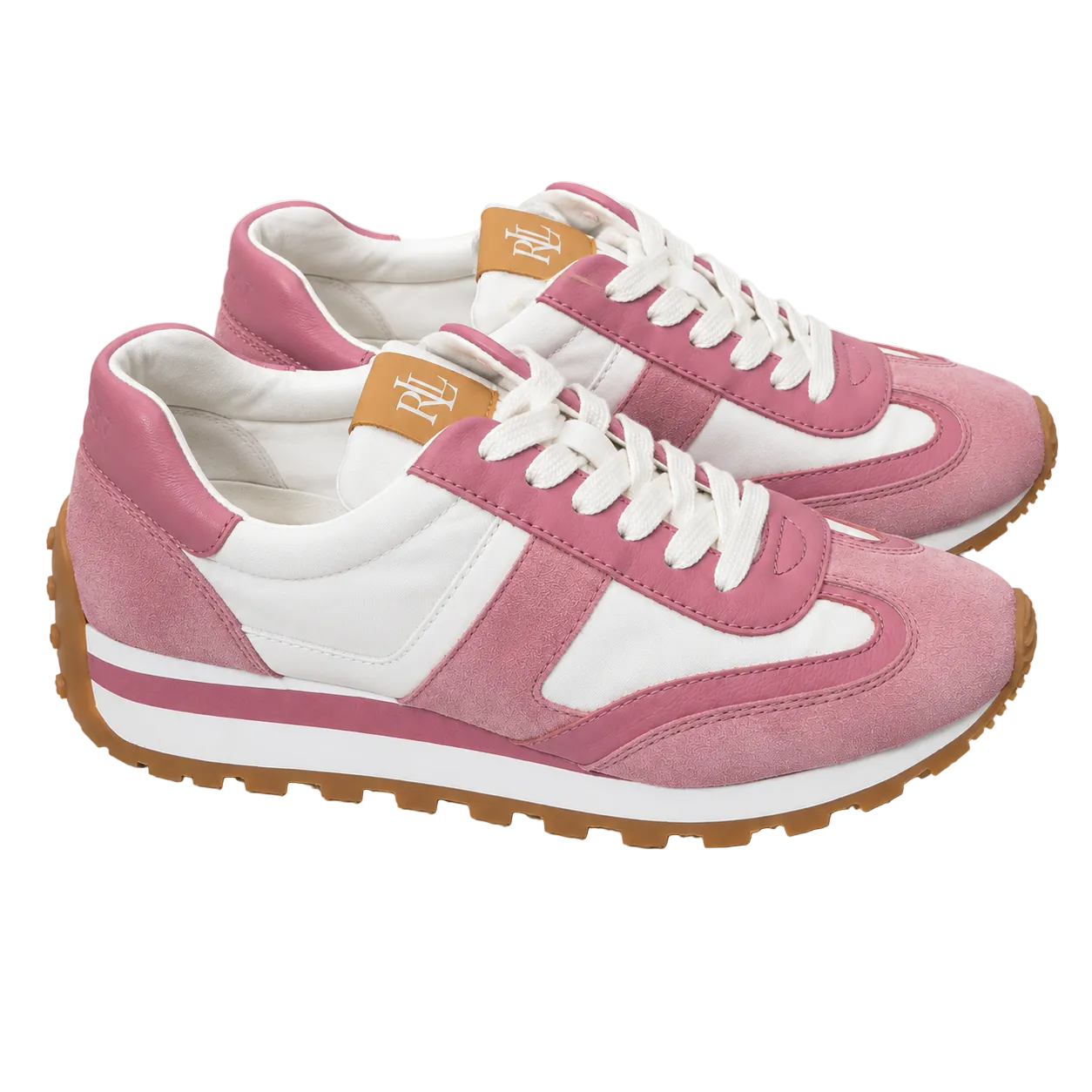 A pair of low-top sneakers in pink and white suede and mesh, featuring white laces, a pink heel tab, and a brown gum sole, shown on a white background.