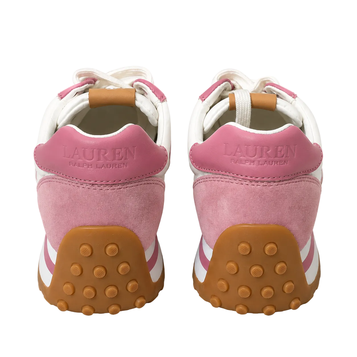 A pair of Lauren Ralph Lauren sneakers shown from the back, featuring pink suede and white leather panels, white laces, and brown rubber soles with circular tread details.