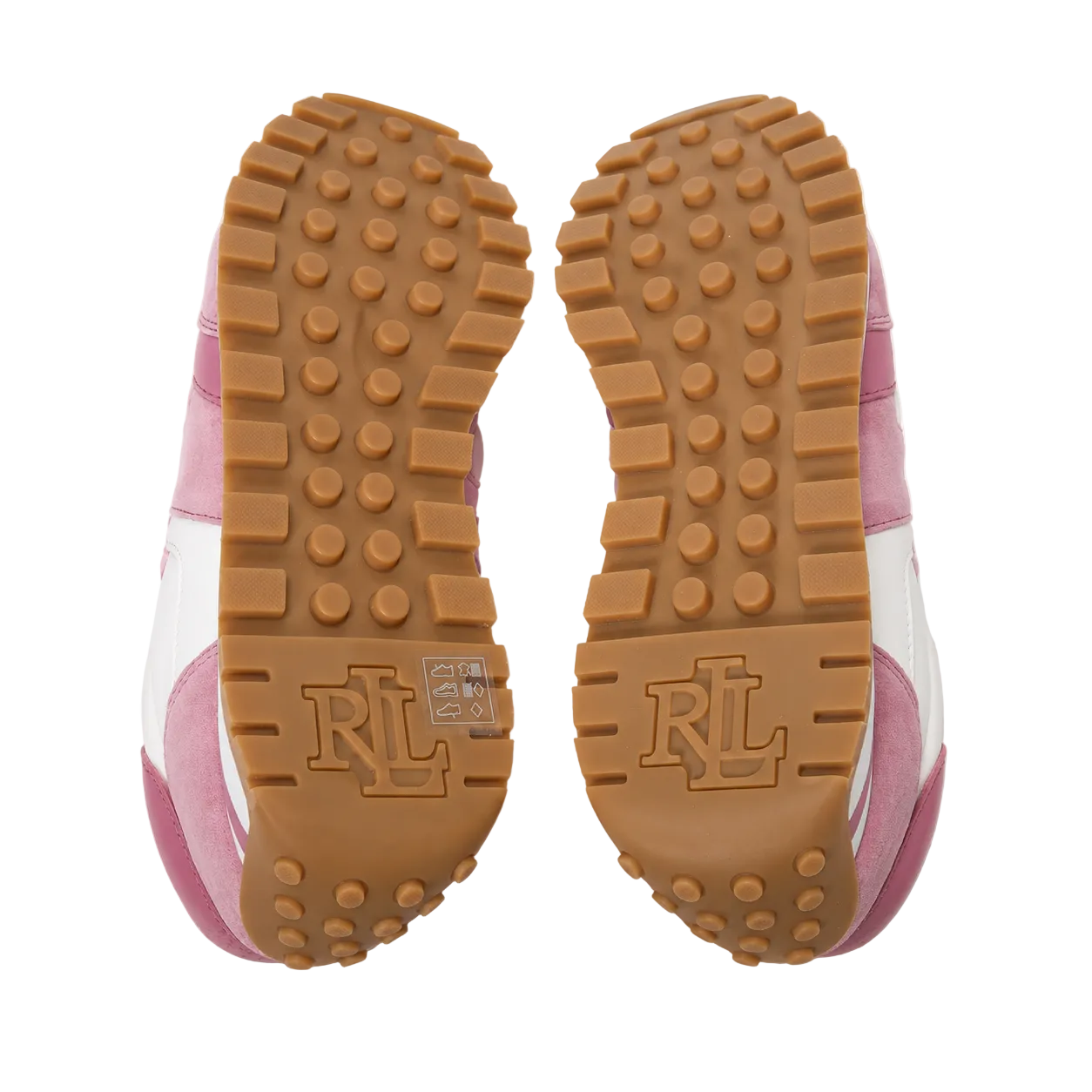 Top-down view of a pair of shoes showing their brown treaded soles with embossed 'RL' branding, alongside pink and white side panels.