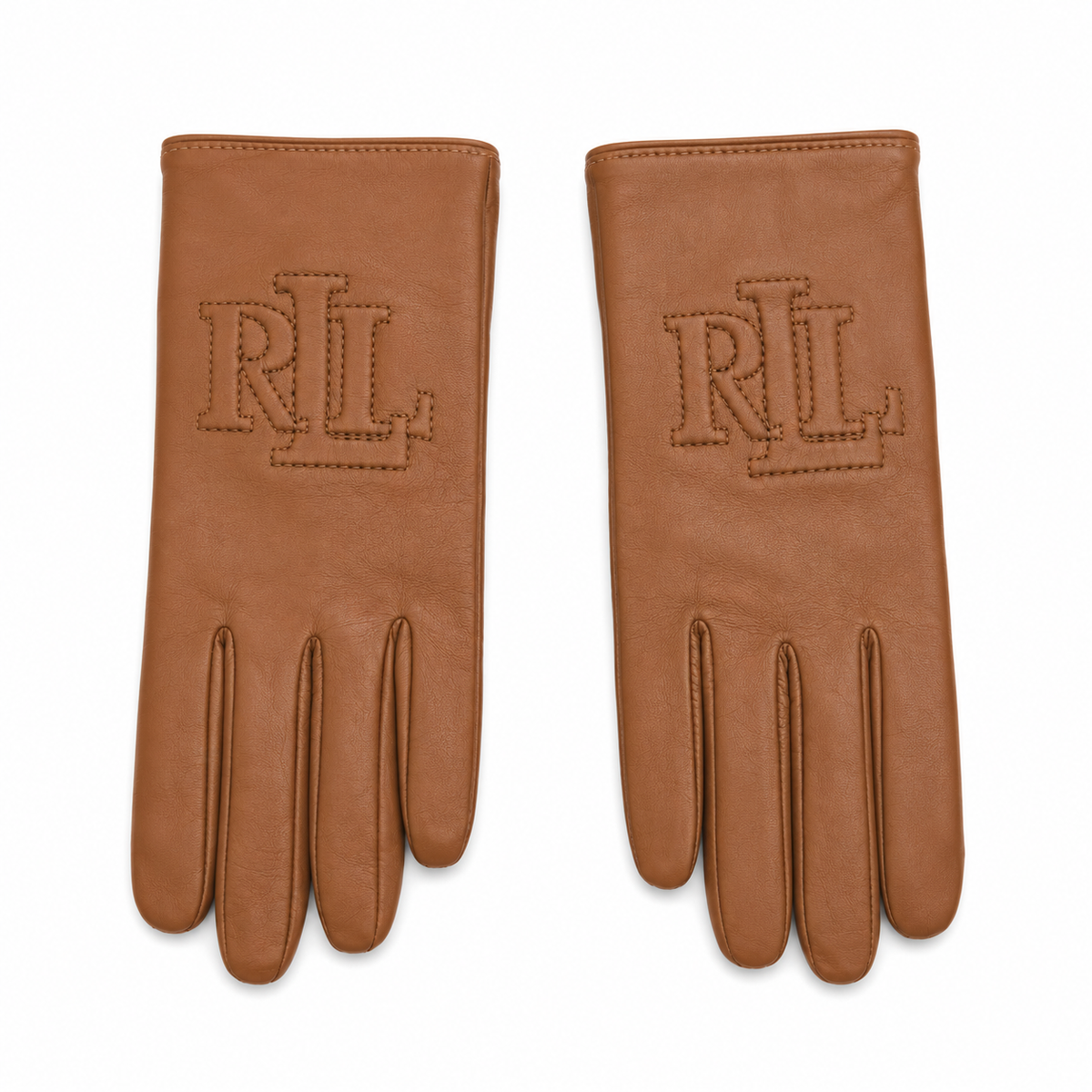 A pair of tan leather gloves with an embossed 'RL' logo on the back of each glove, displayed flat against a white background.