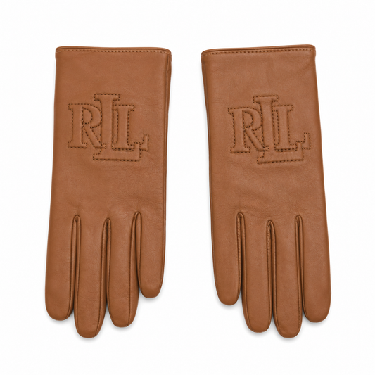 A pair of tan leather gloves with an embossed 'RL' logo on the back of each glove, displayed flat against a white background.