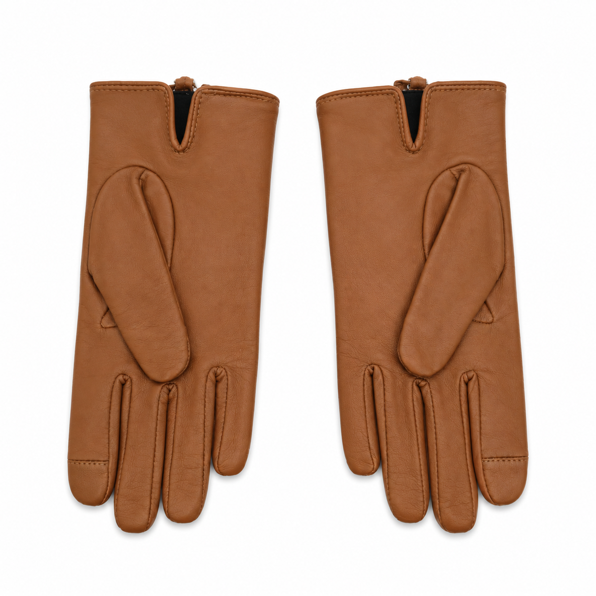 A pair of tan leather gloves with a unique split cuff design and thumb loops, displayed flat against a white background.