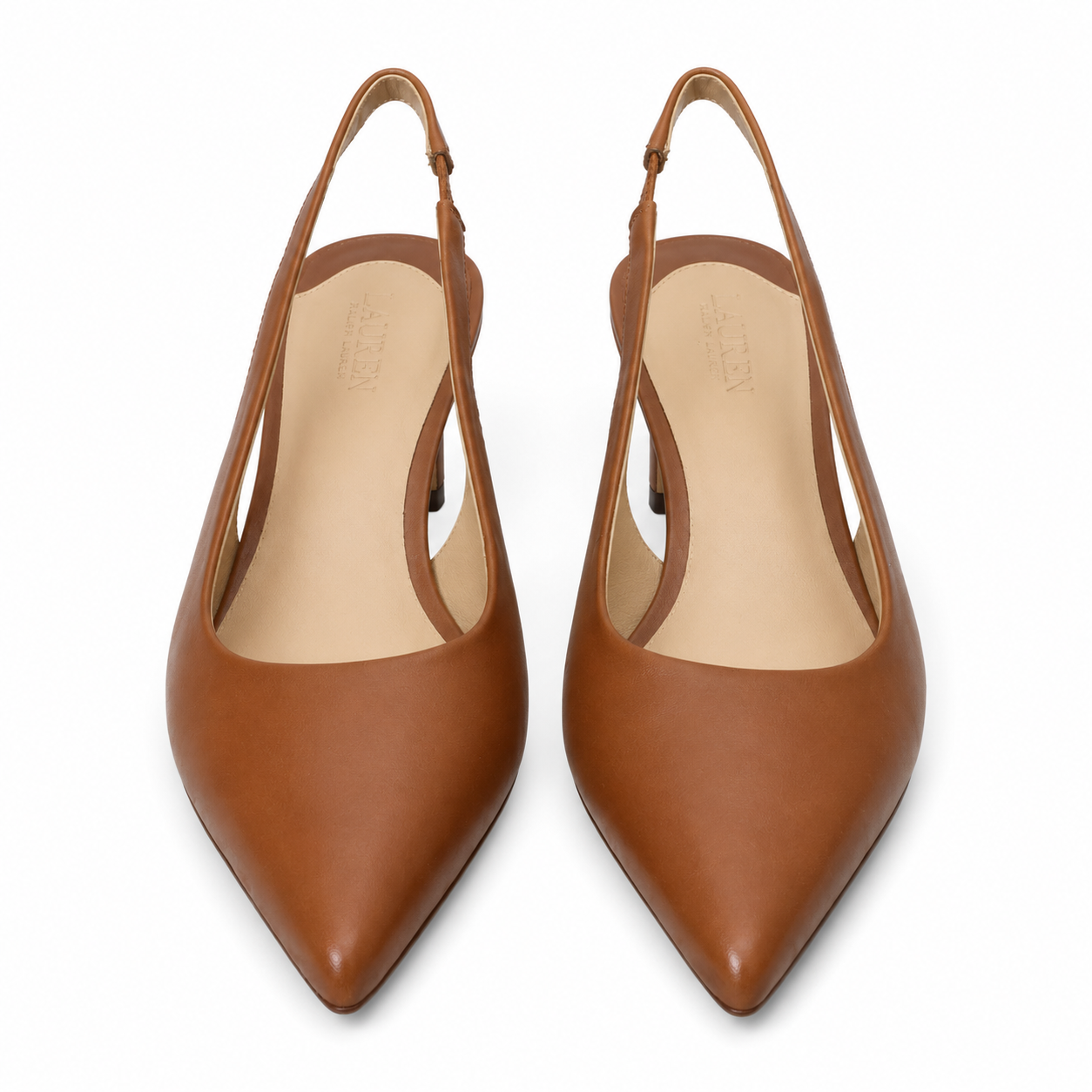 A pair of pointed-toe slingback pumps in smooth tan leather with a light beige insole, shown from a top-down view on a white background.