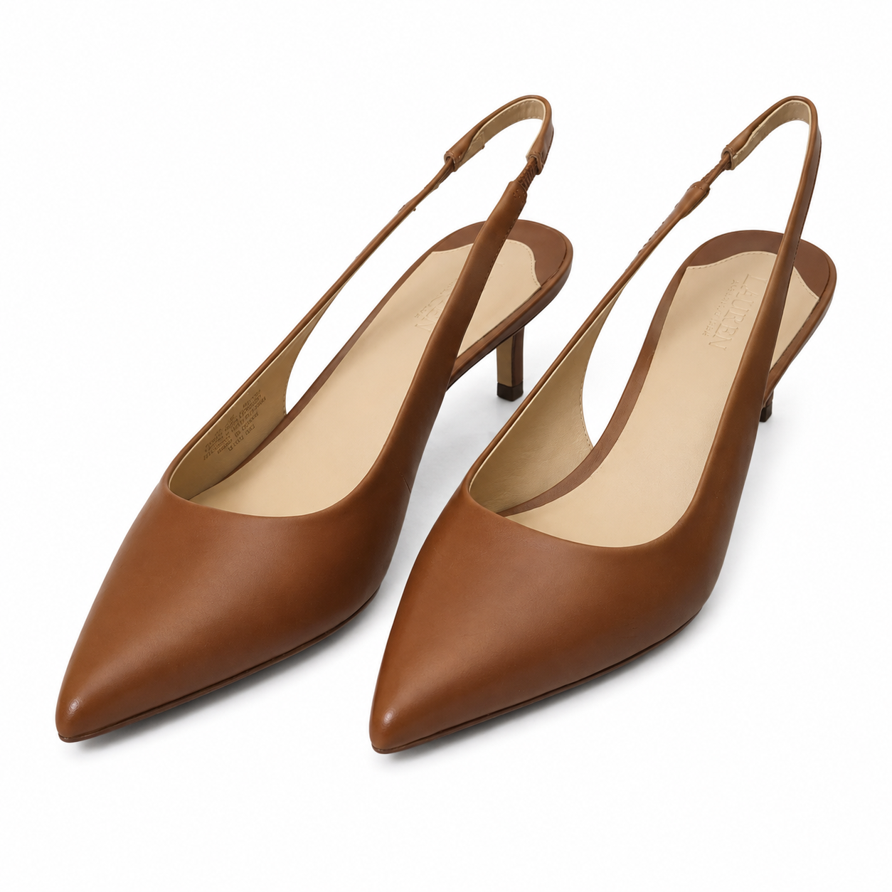 A pair of women's pointed-toe slingback pumps in smooth brown leather with a low kitten heel, displayed on a clean white background.