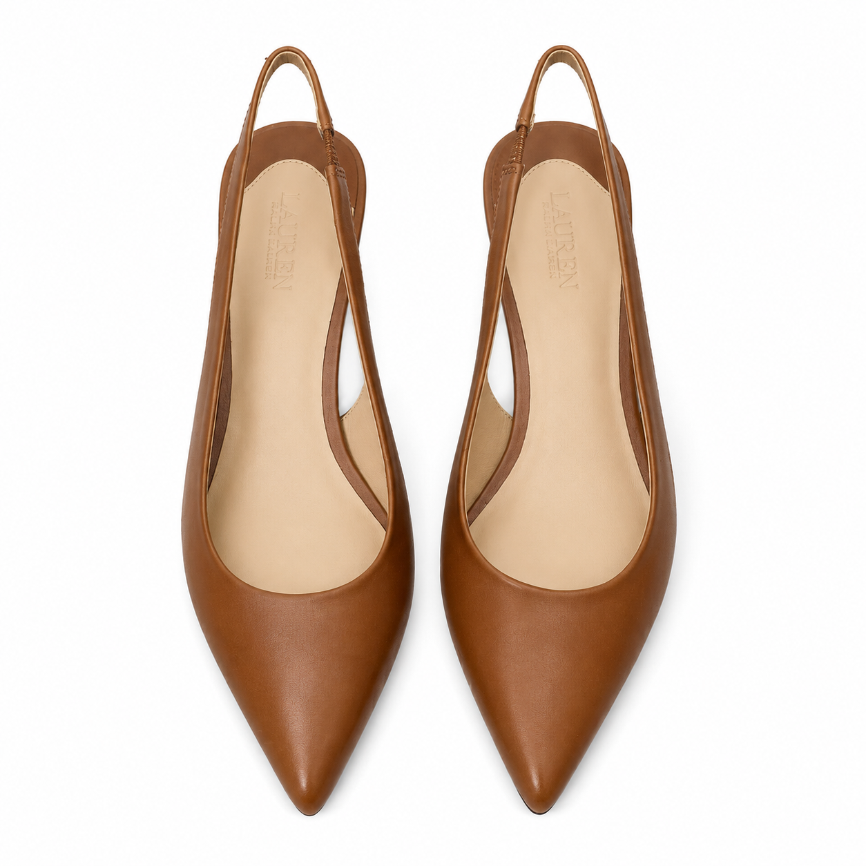 A pair of pointed-toe slingback pumps in smooth tan leather with a light beige insole, photographed from a top-down view on a white background.