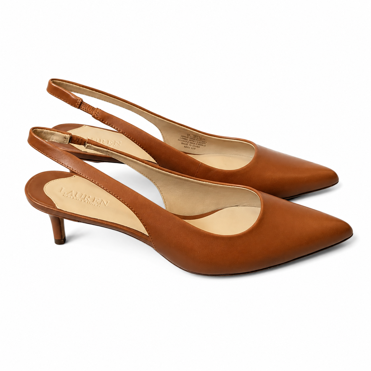 A pair of brown leather pointed-toe slingback pumps with kitten heels, displayed on a clean white background. The brand name 'LAUREN' is embossed on the insole.