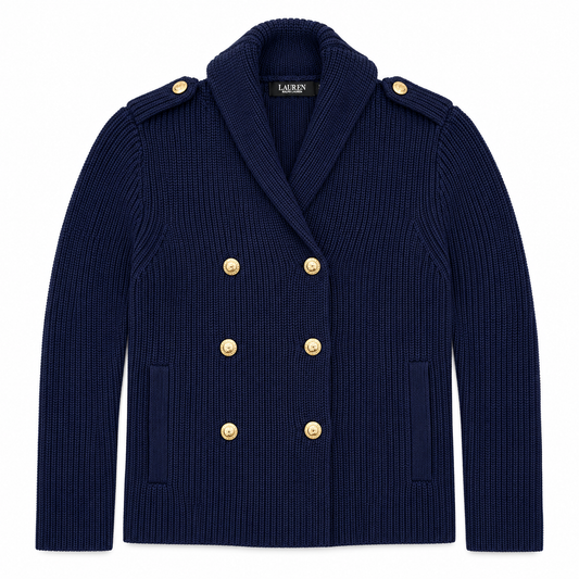 A navy blue ribbed knit cardigan jacket with gold buttons and shoulder epaulets, shown flat against a white background. The brand label 'LAUREN' is visible inside the collar.