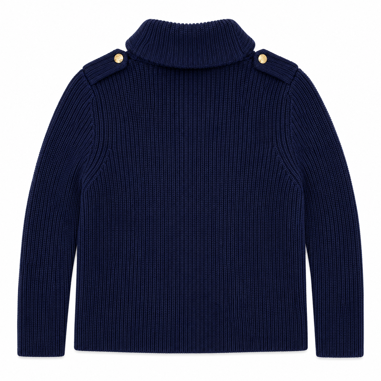 A navy blue ribbed knit turtleneck sweater with gold buttons on the shoulders, shown from the back against a plain white background.