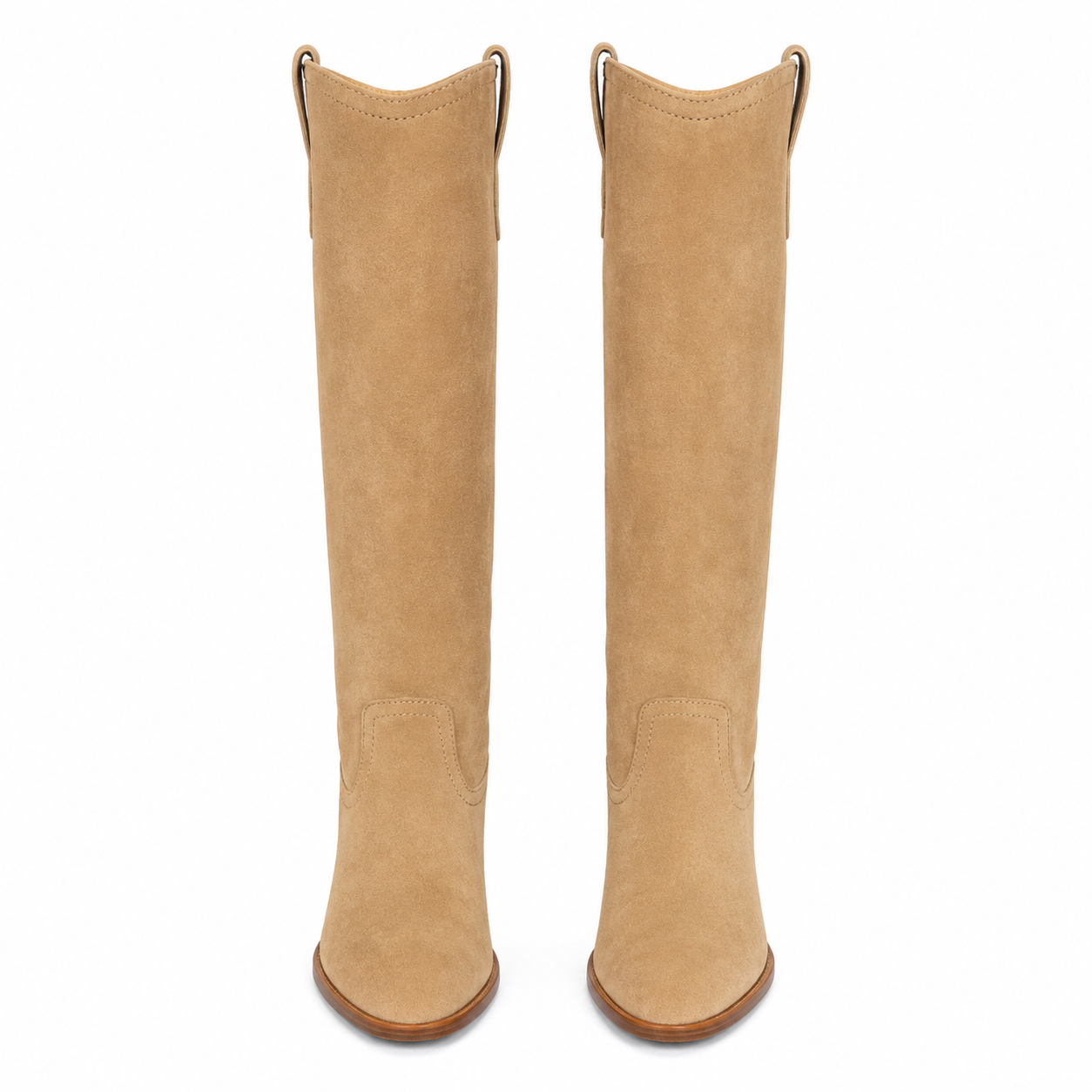 A pair of tall, light tan suede boots shown from the front against a plain white background.