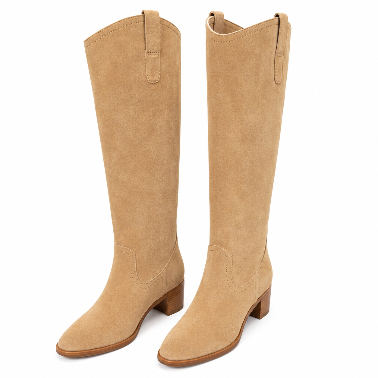 A pair of tall, knee-high boots in tan suede, featuring a low block heel and a pull tab at the top of each shaft, shown against a plain white background.