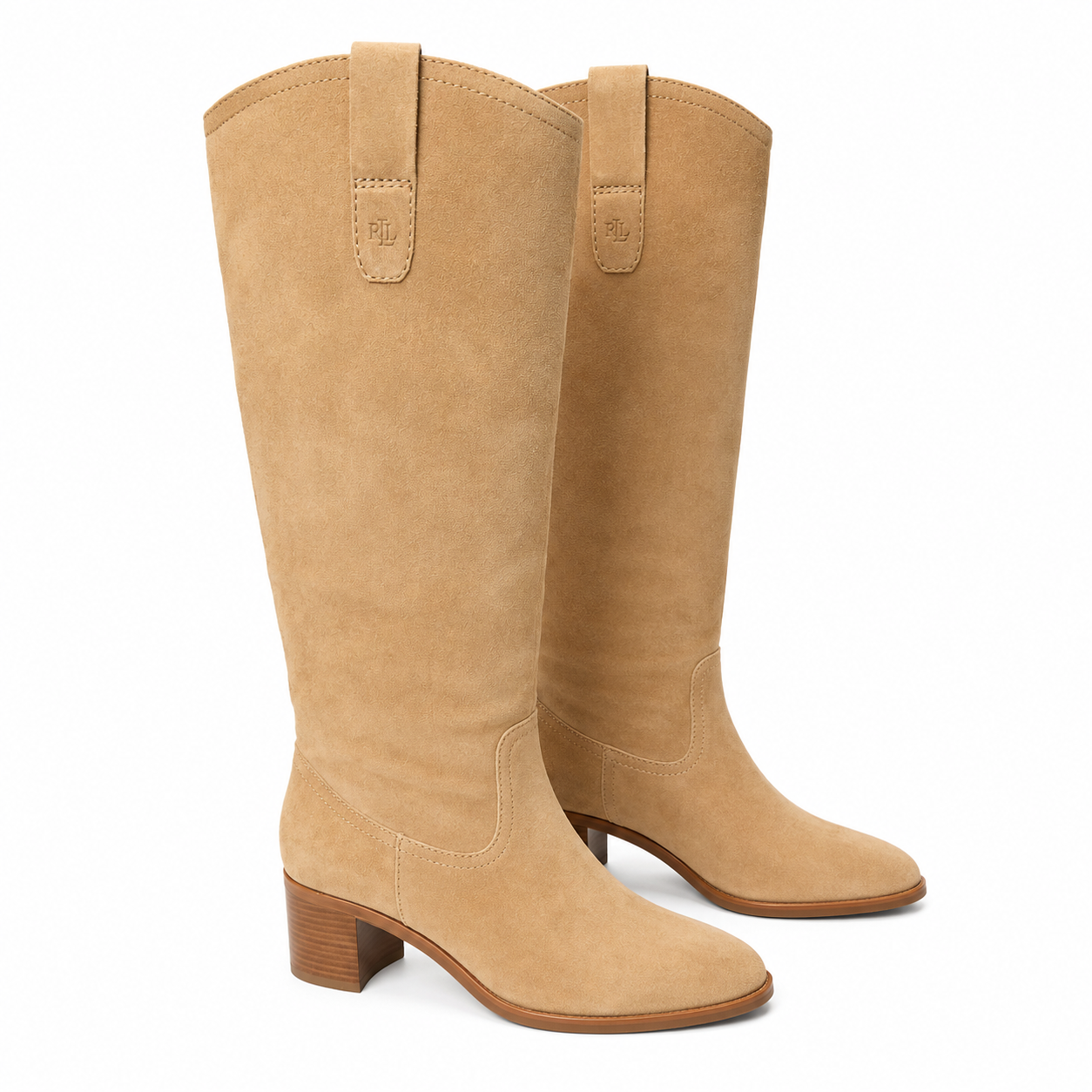 A pair of mid-calf knee-high boots in tan suede, featuring a low block heel and a pull tab on the back of the shaft, shown against a plain white background.