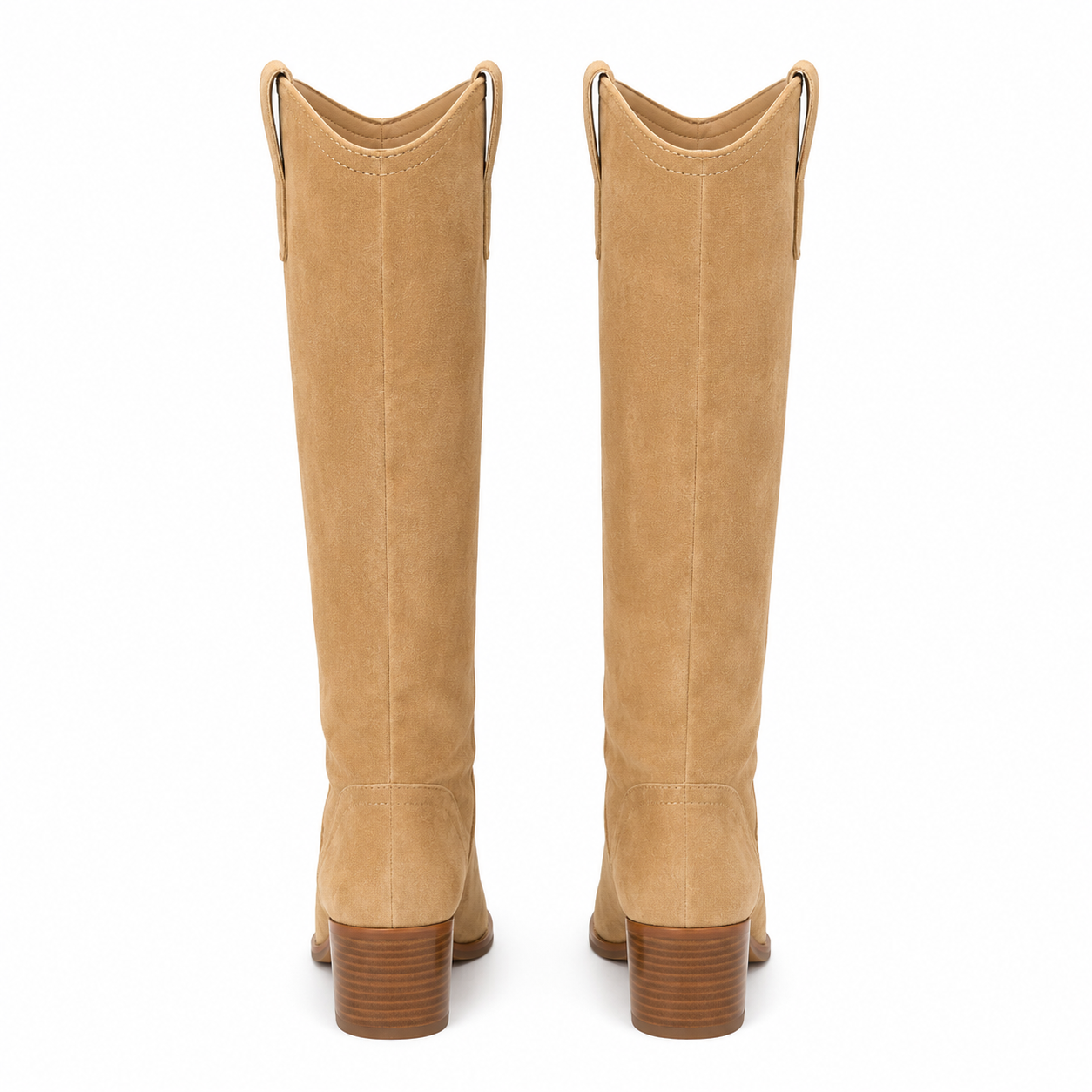 A pair of tall tan suede cowboy boots shown from the back, featuring a stacked brown block heel and pull tabs near the top, set against a plain white background.