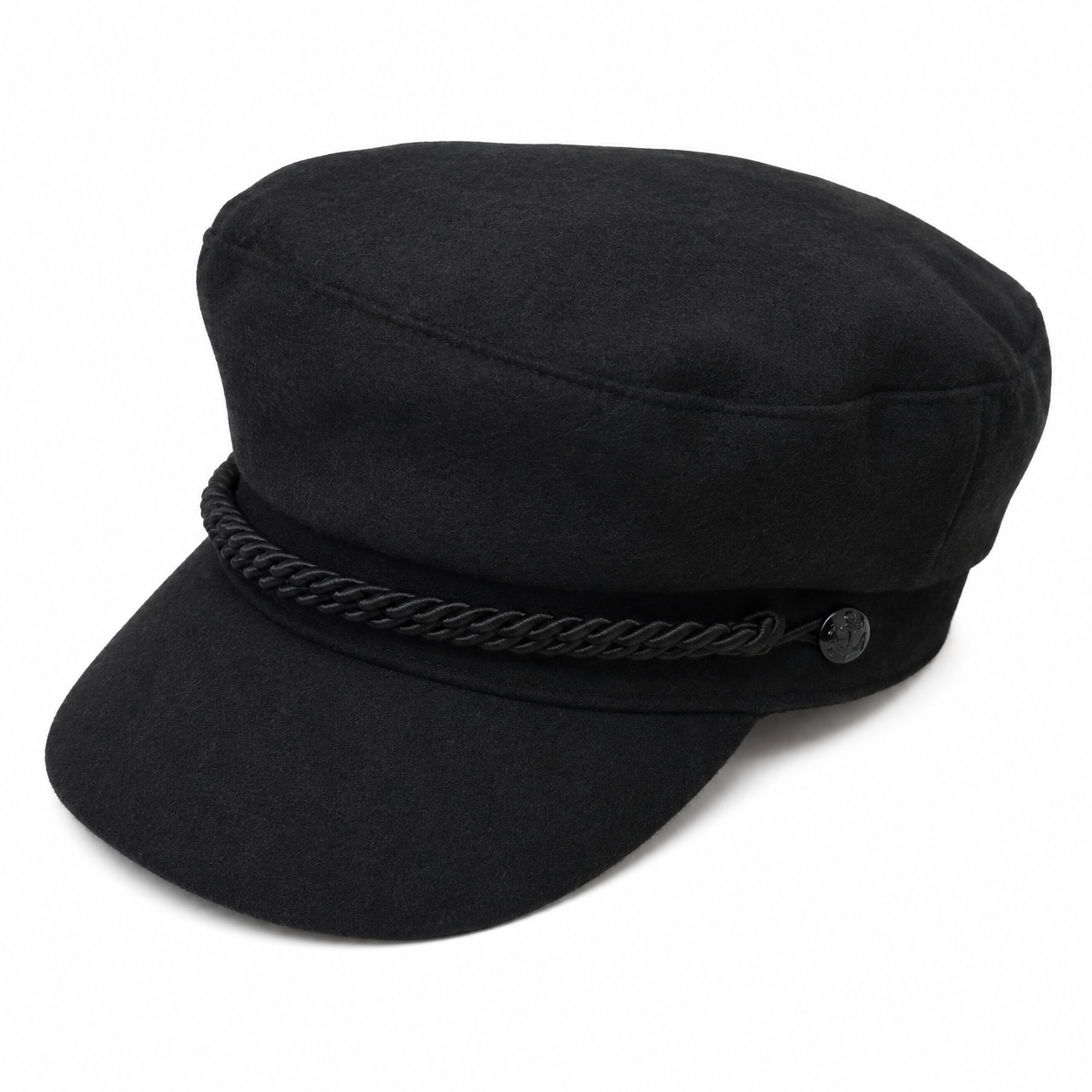 A black wool-like newsboy cap with a curved brim, a braided rope detail around the crown, and a small round button, shown on a plain white background.