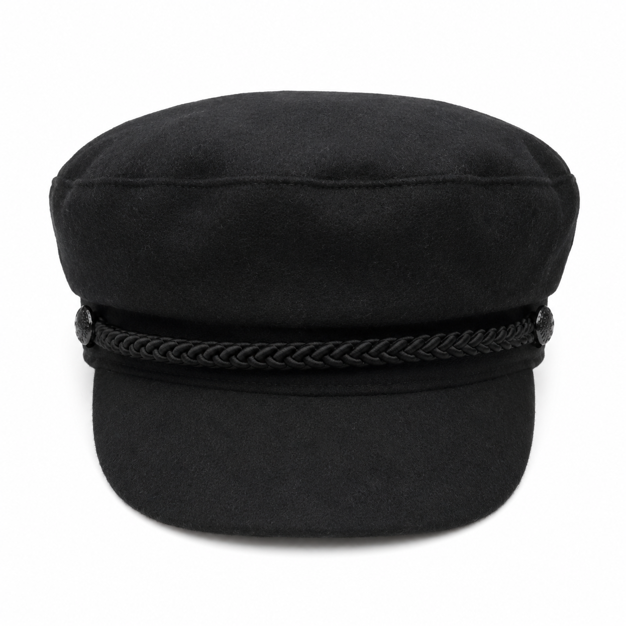 A black wool cap with a braided rope detail around the crown, shown against a plain white background.