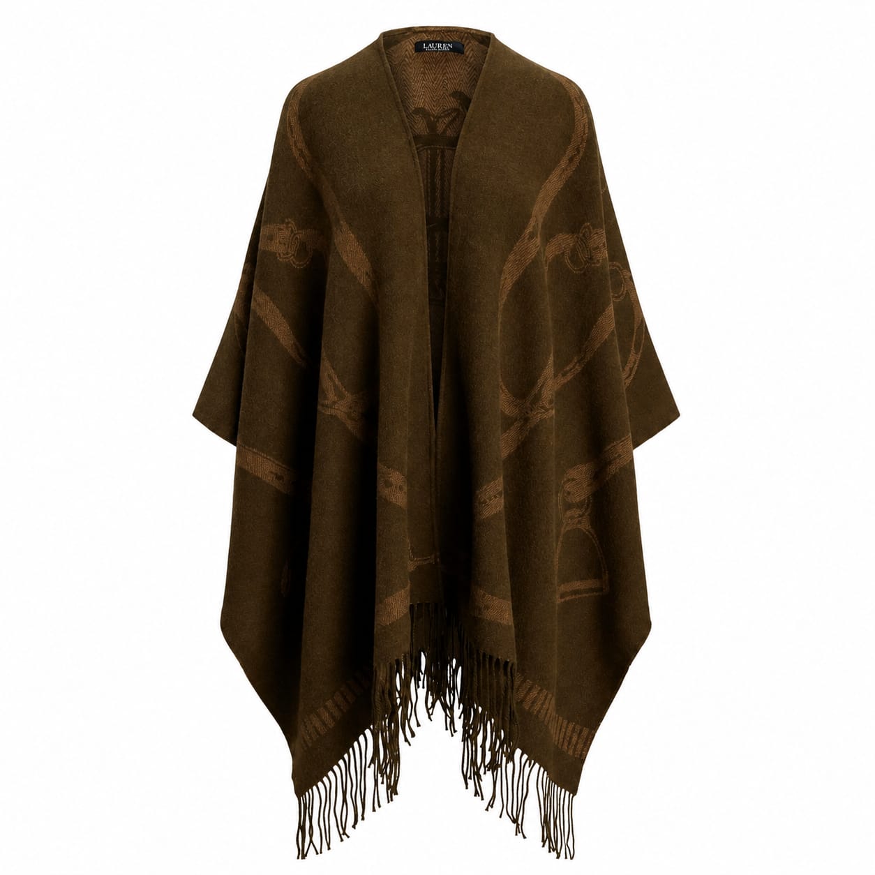 A dark brown open-front poncho with fringe at the bottom and subtle tonal woven patterns, shown on a plain white background.
