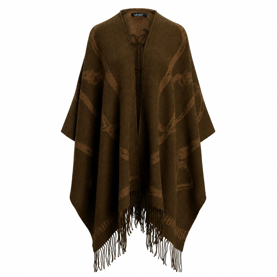 A dark brown open-front poncho with fringe at the bottom and subtle tonal woven patterns, shown on a plain white background.