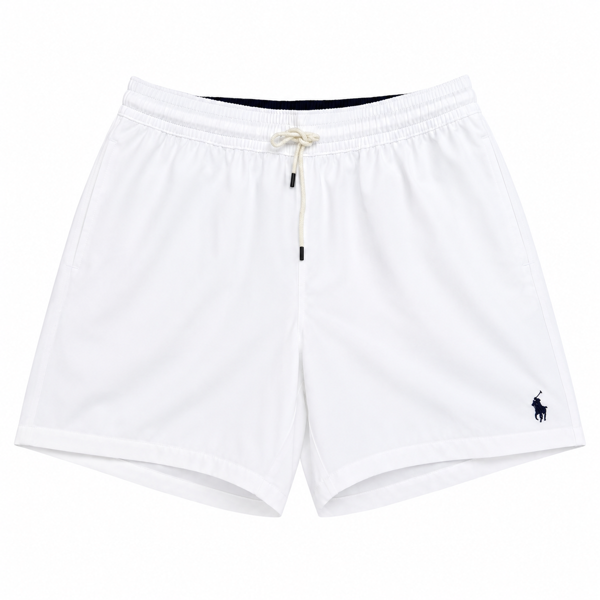 White athletic shorts with an elastic waistband, cream-colored drawstring, and the signature navy blue Polo Ralph Lauren pony logo on the lower left hem.