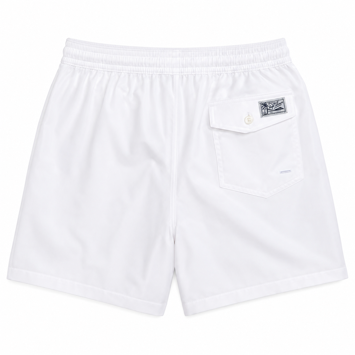 White men's shorts with an elastic waistband, a side pocket, and a small rectangular brand patch on the pocket flap.