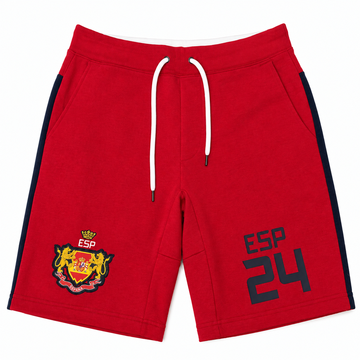 Red athletic shorts with white drawstrings, navy side stripes, a yellow and red crest on the left leg, and 'ESP 24' printed in navy on the right leg, shown flat on a white background.