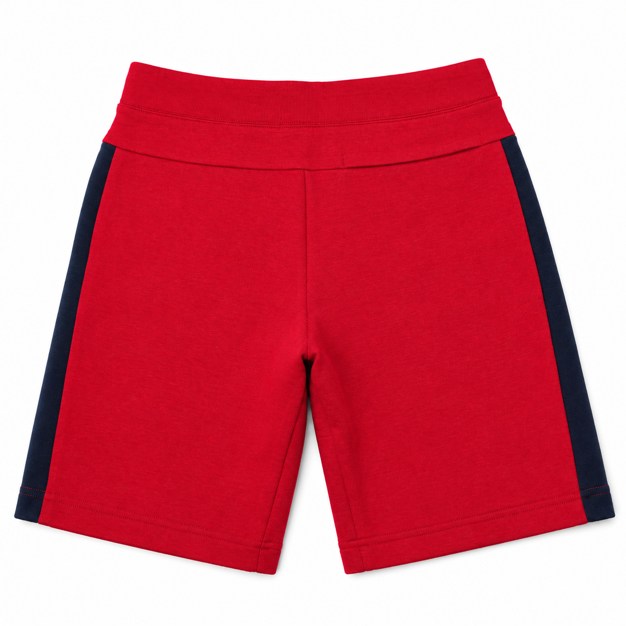 Red athletic shorts with dark navy blue side panels, shown flat against a white background.