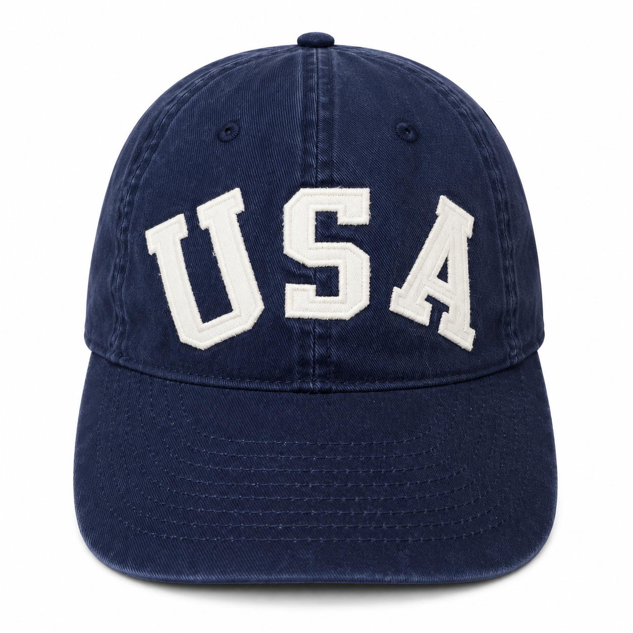 A navy blue cotton baseball cap with 'USA' embroidered in white arched block letters on the front, shown against a plain white background.