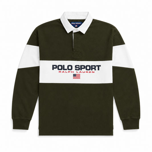 A long-sleeve rugby-style polo shirt by Polo Sport Ralph Lauren in dark olive green with a white collar and white horizontal chest and upper sleeve bands. The center chest features a large white band with 'POLO SPORT' in navy, 'RALPH LAUREN' in red, and a small American flag graphic.