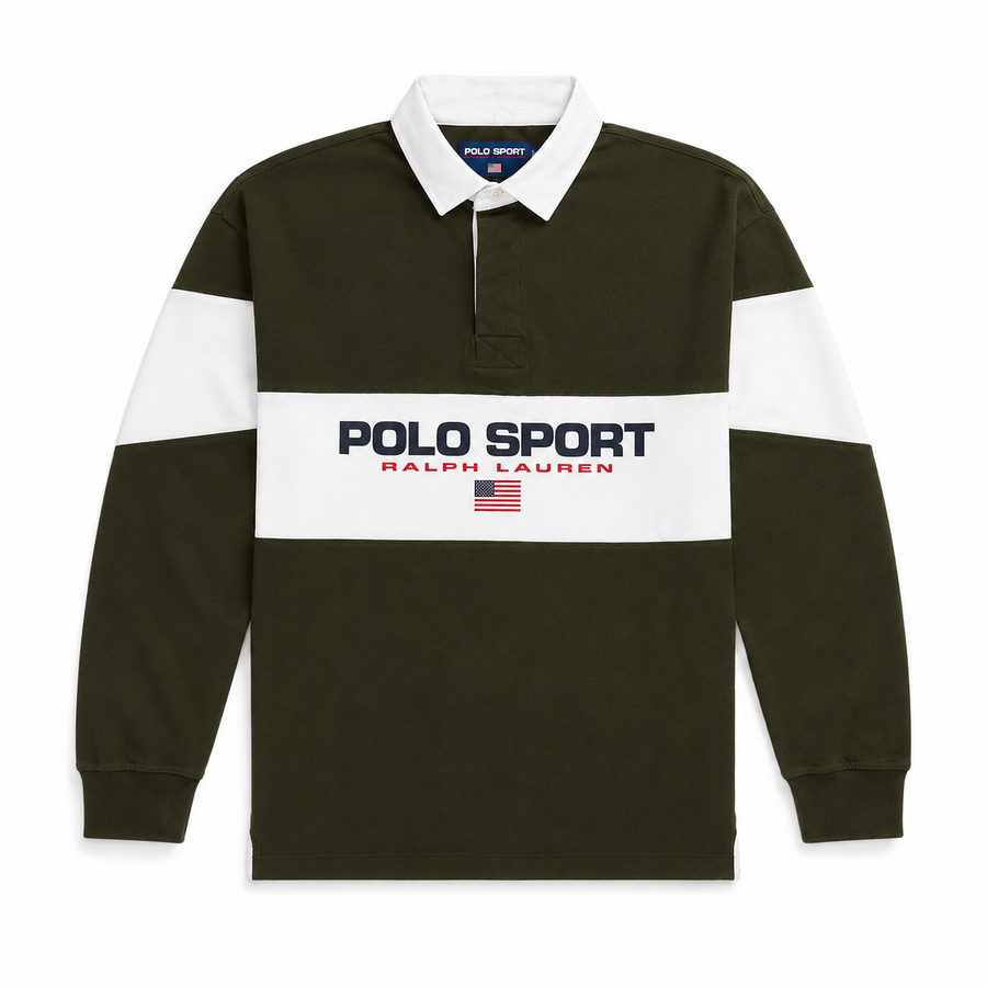 A long-sleeve rugby-style polo shirt by Polo Sport Ralph Lauren in dark olive green with a white collar and white horizontal chest and upper sleeve bands. The center chest features a large white band with 'POLO SPORT' in navy, 'RALPH LAUREN' in red, and a small American flag graphic.